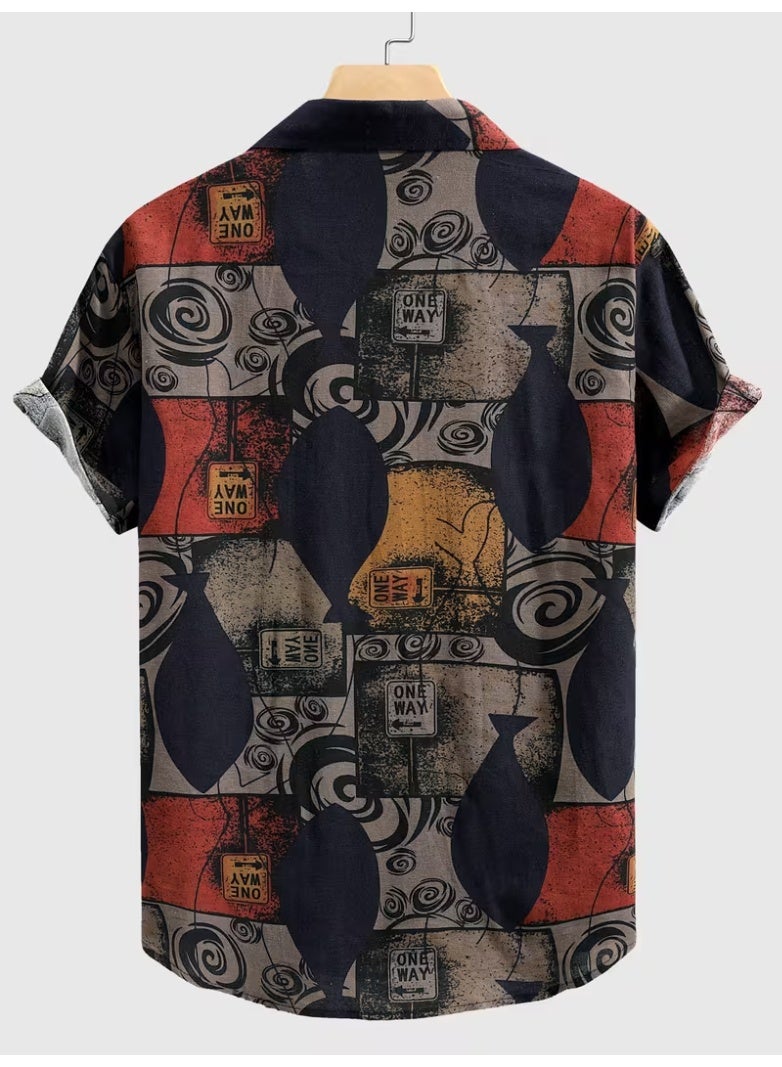 Men's -Inspired Casual Short Sleeve Shirt - Lightweight Summer Text Print ( Kanji/Manji/Seijō) Button-Up Blouse, Traditional Fabric (Hemp/-like) for Beach, Themed Events & Casual Attire - Image 2